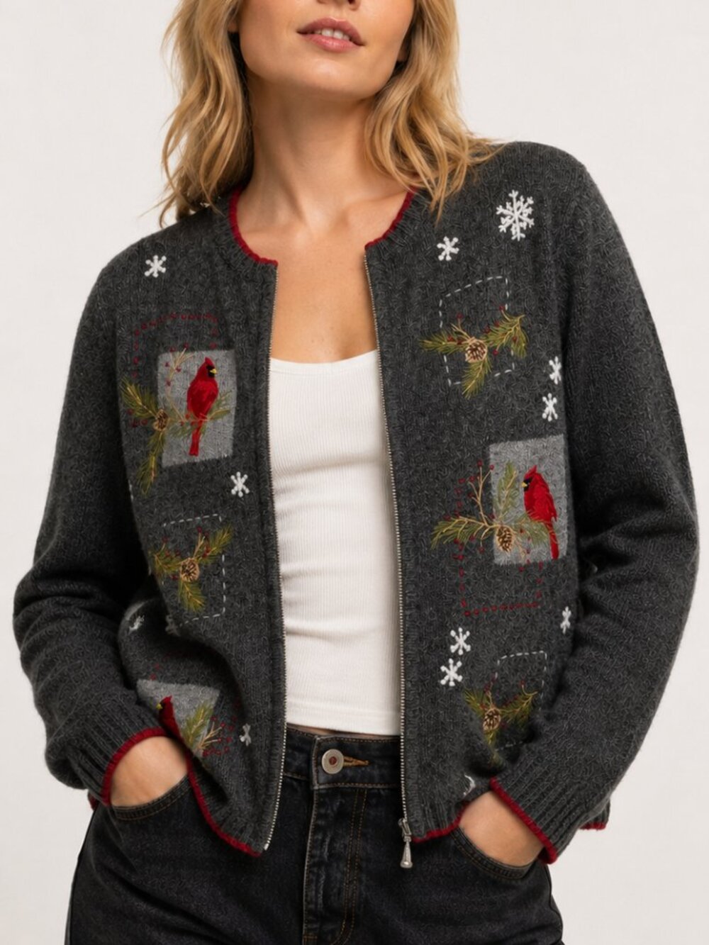 Vintage 90s CROFT and BARROW Wool Holiday Cardinal Cardigan Sweater Gray M